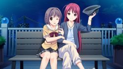Rule 34 | 10s, 2girls, brown eyes, brown hair, chair, game cg, hat, highres, jewelry, kitami minamo, koigakubo chihaya, koutaro, long hair, multiple girls, necklace, night, red hair, short hair, smile, tomato, tropical kiss, tropical vacation, twinkle (company), wink