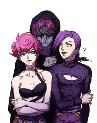 Rule 34 | 1girl, 2boys, ?, bare shoulders, blush, braid, breasts, choker, cleavage, collarbone, crossed arms, diavolo, father and daughter, freckles, ganno, green eyes, highres, jojo no kimyou na bouken, lipstick, long hair, looking at another, makeup, mask, medium breasts, midriff, mouth mask, multiple boys, pants, pink hair, pink lips, purple pants, purple sweater, strapless, sunglasses, sweater, trish una, tube top, vento aureo, vinegar doppio