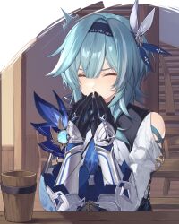 Rule 34 | 1girl, ^^^, bar (place), black gloves, black hairband, blue cape, blue hair, blue necktie, cape, closed mouth, clothing cutout, covering own mouth, ebibi chiriri, eula (genshin impact), genshin impact, gloves, hair between eyes, hair ornament, hairband, hands up, highres, indoors, long sleeves, medium hair, necktie, shoulder cutout, sidelocks, sitting, sneezing, solo, upper body, vision (genshin impact), white sleeves, wide sleeves, wooden cup