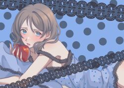 Rule 34 | 1girl, apple, bare shoulders, blue eyes, blush, breasts, brown hair, crossover, food, fruit, highres, lace, lace trim, looking at viewer, love live!, love live! sunshine!!, nail polish, nightgown, romeo to cinderella (vocaloid), scene reference, short hair, solo, sparklingvv1119, thighs, watanabe you