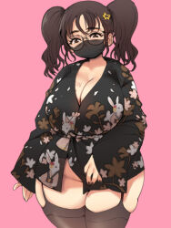 Rule 34 | 1girl, animal print, black kimono, black nails, blush, body writing, breasts, brown eyes, brown hair, cleavage, commentary, covered mouth, cowboy shot, english commentary, fingernails, garter straps, glasses, grey thighhighs, grunt frostwolf, hair ornament, japanese clothes, kimono, large breasts, long hair, looking at viewer, mask, mouth mask, nail polish, no panties, original, pink background, plump, print kimono, rabbit print, skindentation, solo, standing, star (symbol), star hair ornament, thick thighs, thighhighs, thighs, twintails