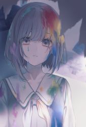 Rule 34 | 1girl, brown eyes, brown hair, highres, lium, long sleeves, paint on clothes, paint splatter, paint splatter on face, project sekai, sad, sailor collar, shinonome ena, short hair, solo