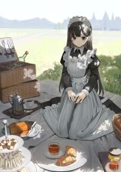 Rule 34 | 1girl, absurdres, apron, black dress, black hair, blanket, bottle, brown eyes, building, checkerboard cookie, closed mouth, coffee, coffee pot, commentary request, cookie, croissant, cup, day, dress, food, fork, frilled apron, frills, grass, highres, juliet sleeves, knife, long hair, long sleeves, looking at viewer, maid, maid apron, maid headdress, mountain, original, outdoors, own hands together, picnic, picnic basket, plate, puffy sleeves, sandwich, saucer, shii (kairi-t-k0317), sitting, smile, solo, tiered tray, tray, very long hair, wariza, white apron