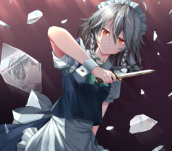 Rule 34 | 1girl, ahoge, apron, arm up, blue skirt, blue vest, bow, bowtie, braid, breasts, commentary request, dress, dutch angle, eyebrows hidden by hair, gradient background, green bow, green neckwear, hair between eyes, hair bow, hair ribbon, highres, holding, holding knife, izayoi sakuya, knife, light blush, light smile, looking at viewer, maid apron, maid headdress, multiple views, parted lips, puffy short sleeves, puffy sleeves, red background, red eyes, ribbon, shards, short sleeves, side braids, simple background, skirt, small breasts, standing, torottye, touhou, tress ribbon, twin braids, upper body, vest, waist apron, white apron, white dress, white headwear