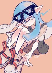 Rule 34 | 1girl, absurdres, black-framed eyewear, blue eyes, blue hair, brown background, brown shorts, closed mouth, commentary, eyewear on head, full body, glasses, highres, inkling, inkling girl, inkling player character, long hair, nintendo, payayo884, pointy ears, shoes, shorts, signature, sitting, splatoon (series), splatoon 3, symbol-only commentary, white footwear