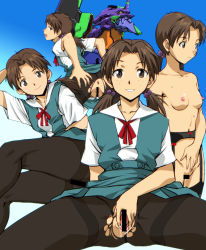 Rule 34 | 1girl, ass, bad id, bad pixiv id, bar censor, black pantyhose, breasts, brown eyes, brown hair, censored, eva 01, freckles, garter belt, horaki hikari, kamisimo 90, looking at viewer, looking back, mecha, neon genesis evangelion, nipples, pantyhose, pussy, pussy juice, robot, sitting, small breasts, smile, solo, spread legs, spread pussy, torn clothes, torn pantyhose, twintails
