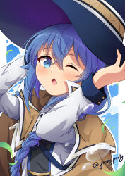Rule 34 | 1girl, ;o, absurdres, arms up, black hat, blue eyes, blue hair, blush, braid, brown cloak, cloak, commentary request, goom (goomyparty), hair between eyes, hair over shoulder, hands on headwear, hat, highres, long hair, looking at viewer, mushoku tensei, one eye closed, open mouth, roxy migurdia, shirt, single braid, solo, twitter username, upper body, very long hair, white shirt, witch hat
