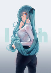 Rule 34 | 1girl, alternate costume, aqua eyes, aqua hair, ass, blush, bow, breasts, closed mouth, commentary request, gradient background, hair between eyes, hair bow, hatsune miku, holding, holding own hair, long hair, looking at viewer, looking back, medium breasts, pants, pre (preecho), simple background, solo, standing, twintails, vocaloid