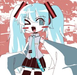 Rule 34 | 1girl, :d, @ @, aqua hair, bagacide, bare shoulders, black skirt, blue eyes, blush stickers, collared shirt, detached sleeves, fang, grey shirt, hair between eyes, hair ornament, hatsune miku, headset, jaggy lines, long hair, looking at viewer, necktie, number tattoo, one eye closed, open mouth, pleated skirt, shirt, shoulder tattoo, skirt, sleeveless, sleeveless shirt, sleeves past fingers, sleeves past wrists, smile, solo, standing, tattoo, thighhighs, twintails, vocaloid, zettai ryouiki