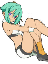 Rule 34 | 10s, 1girl, aquarion (series), aquarion evol, bare shoulders, boots, breasts, crop top, green hair, hair ribbon, hugging own legs, looking at viewer, midriff, navel, orion (orionproject), purple eyes, ribbon, short hair, short shorts, shorts, sideboob, simple background, sitting, smile, solo, wrist cuffs, zessica wong