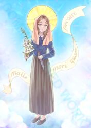 Rule 34 | 1girl, an dres art, blue eyes, blue shirt, brown footwear, brown hair, brown skirt, christian mythology, christianity, collared shirt, flower, full body, highres, holding, holding knife, knife, latin text, lily (flower), loafers, looking at viewer, maria goretti, shirt, shoes, skirt, smile, solo, veil