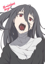 Rule 34 | 10s, 1girl, bandaged neck, bandages, black dress, black hair, copyright name, dress, fangs, hair between eyes, highres, kidy (kidy siow), long hair, looking at viewer, open mouth, red eyes, robe, saliva, sash, simple background, solo, tongue, upper body, uvula, very long hair, white background, yamada tae, zombie, zombie land saga