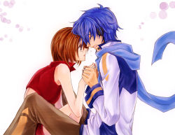 Rule 34 | 1boy, 1girl, bad id, bad pixiv id, blue hair, blue scarf, brown eyes, brown hair, closed eyes, couple, headset, hetero, holding hands, kaito (vocaloid), meiko (vocaloid), norihe, open mouth, scarf, short hair, sitting, tears, vocaloid