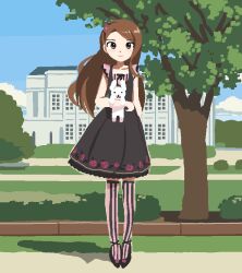 Rule 34 | 1girl, black dress, blue sky, blush, brown eyes, brown hair, building, cloud, dress, hairband, holding, holding stuffed toy, idolmaster, idolmaster (classic), long hair, looking at viewer, minase iori, outdoors, pxllb, sky, smile, solo, striped clothes, striped thighhighs, stuffed animal, stuffed rabbit, stuffed toy, swept bangs, thighhighs, tree, vertical-striped clothes, vertical-striped thighhighs