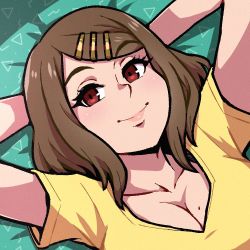 Rule 34 | akairiot, arms behind head, blush, breasts, brown hair, cleavage, commission, hair ornament, hairclip, looking at viewer, medium hair, mole, mole on breast, original, red eyes, shirt, short sleeves, smile, solo, upper body, yellow shirt