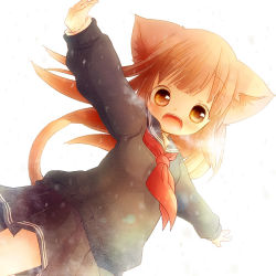 Rule 34 | 1girl, :d, animal ears, blunt bangs, breath, brown hair, cat ears, cat tail, fangs, kotohisa kao, long hair, looking at viewer, looking down, open mouth, orange hair, original, outstretched arms, pleated skirt, school uniform, serafuku, skirt, smile, snowing, solo, spread arms, sweater, tail, tareme
