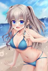 1girl :d bare_arms bare_shoulders beach bikini blue_bikini blue_eyes blue_sky blush breasts charlotte_(anime) cleavage collarbone commentary_request cowboy_shot curtains day eyes_visible_through_hair grey_hair hair_between_eyes half_updo halterneck hand_up happy highres large_breasts long_hair looking_at_viewer minatoto navel ocean open_mouth outdoors outstretched_hand shiny_skin sidelocks skindentation sky smile solo sparkle sunlight sweat swimsuit tomori_nao two_side_up