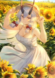 Rule 34 | 1girl, adjusting clothes, adjusting headwear, bare shoulders, bow, breasts, cleavage, closed mouth, collarbone, contemporary, dress, fate/grand order, fate (series), field, flower, flower field, hair between eyes, hair bow, hands up, hat, highres, horns, large breasts, long hair, looking at viewer, mashuu (neko no oyashiro), oni horns, outdoors, red bow, red eyes, sidelocks, silver hair, smile, solo, standing, straw hat, sunflower, sunflower field, tomoe gozen (fate), very long hair, white dress
