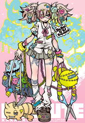 Rule 34 | 1girl, :p, anklet, bag, bandages, blonde hair, bracelet, chain, cuffs, decora, english text, engrish text, eyepatch, full body, hair ornament, hairclip, heart, heart eyepatch, highres, jewelry, knife, looking at viewer, loose socks, miniskirt, original, pleated skirt, project.c.k., punk, ranguage, scissors, shackles, shirt, shoes, skirt, skull, socks, solo, standing, stitches, stuffed animal, stuffed toy, tattoo, teddy bear, tongue, tongue out, twintails
