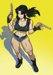 Rule 34 | 1girl, abs, absurdres, alternate hair color, beretta 92, black hair, black lagoon, boots, breasts, combat boots, denim, denim shorts, dual wielding, finger on trigger, gun, hair over one eye, handgun, highres, holding, holding gun, holding weapon, large breasts, ming liu, muscular, muscular female, muscular legs, pistol, revy (black lagoon), short shorts, shorts, simple background, smile, solo, tank top, tattoo, untied footwear, weapon, yellow background, yellow eyes