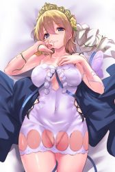 Rule 34 | 1girl, bare legs, bare shoulders, blonde hair, blue eyes, blush, breasts, bug, butterfly, collarbone, covered navel, crown, dress, europa (granblue fantasy), female focus, flower, from above, granblue fantasy, hair between eyes, hair flower, hair ornament, hand on own chest, hands up, head tilt, highres, insect, kztk, legs, looking at viewer, lying, medium breasts, neck, no panties, on back, parted lips, short dress, short hair, solo, strapless, strapless dress, tube dress, white dress