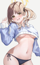 Rule 34 | 1girl, absurdres, bikini, blue archive, breasts, commentary request, grey background, halo, highres, long sleeves, looking at viewer, medium breasts, medium hair, moe (blue archive), moe (swimsuit) (blue archive), navel, official alternate costume, open mouth, primamiya, side-tie bikini bottom, simple background, smile, solo, stomach, swimsuit, twintails, underboob, yellow eyes, yellow halo