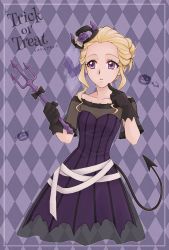 Rule 34 | 1girl, aizen (syoshiyuki), argyle, argyle background, argyle clothes, black bow, black gloves, black hat, blonde hair, bow, collarbone, cropped legs, demon tail, dress, flower, fuurin asumi, gloves, halloween, halloween costume, hat, hat flower, healin&#039; good precure, highres, holding, holding weapon, index finger raised, looking to the side, mini hat, off-shoulder dress, off shoulder, parted lips, precure, purple background, purple dress, purple eyes, purple flower, rose, see-through, short hair with long locks, short sleeves, solo, standing, striped clothes, striped dress, tail, trick or treat, vertical-striped clothes, vertical-striped dress, weapon
