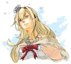 Rule 34 | 1girl, blonde hair, blue eyes, braid, breasts, cherry blossoms, collarbone, cropped torso, crown, dated, dress, ear piercing, fingernails, flower, french braid, from below, hair between eyes, hair ornament, hairband, half-closed eyes, jewelry, kantai collection, lipstick, long hair, long sleeves, makeup, mini crown, necklace, off-shoulder dress, off shoulder, parted lips, petals, piercing, red flower, red neckwear, red ribbon, red rose, ribbon, rose, signature, simple background, smile, solo, warspite (kancolle), white background, white dress, yamada rei (rou)