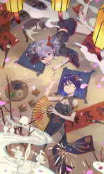 Rule 34 | 2girls, bad id, bad pixiv id, bare legs, bare shoulders, blue dress, blue hair, blush, bronya zaychik, brush, cat, cherry blossoms, china dress, chinese clothes, cleavage cutout, clothing cutout, commentary request, dress, drill hair, dubian xiang, hand fan, happy, highres, holding, holding fan, homu (honkai impact), honkai (series), honkai impact 3rd, indoors, japanese clothes, kimono, lantern, long hair, lying, multiple girls, on back, on stomach, pantyhose, pelvic curtain, pillow, plate, print dress, print kimono, seele vollerei, side slit, silver hair, sleeping, smile, string, string of fate, teapot, thighband pantyhose, tray, twin drills, wide sleeves, yuri
