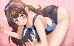 Rule 34 | 1girl, amanogawa kirara, ass, black one-piece swimsuit, breasts, brown hair, commentary request, competition swimsuit, cowboy shot, go! princess precure, hairband, highres, large breasts, leaning forward, long hair, one-piece swimsuit, precure, purple eyes, purple hairband, satou terumasa, solo, swimsuit, tile wall, tiles