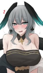 Rule 34 | 1girl, arknights, bare shoulders, black dress, breasts, cleavage, commentary, dress, grey eyes, grey hair, head wings, heart, highres, ho&#039;olheyak (arknights), ho&#039;olheyak (carriage of the winds of time) (arknights), looking at viewer, namikare, simple background, solo, strapless, strapless dress, tongue, tongue out, upper body, white background, wings