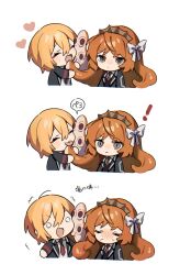 Rule 34 | !, 2girls, black vest, blonde hair, blush, brown eyes, brown hairband, chibi, closed eyes, closed mouth, collared shirt, commentary request, don quixote (project moon), freckles, grey jacket, hair ribbon, hairband, heart, highres, ishmael (project moon), jacket, licking, limbus company, long hair, long sleeves, mu46016419, multiple girls, necktie, open clothes, open jacket, open mouth, orange hair, project moon, red necktie, ribbon, shirt, short hair, smile, sweat, tentacle hair, translation request, vest, white ribbon, white shirt