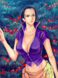 Rule 34 | 1girl, arisue kanako, black hair, blue shirt, breasts, brown eyes, center opening, cleavage, collarbone, crop top, flower, forehead, hair slicked back, hand up, large breasts, long hair, looking to the side, lowleg, midriff, navel, nico robin, no eyewear, one piece, open clothes, open shirt, pink skirt, revealing clothes, sabaody archipelago, sarong, shirt, short sleeves, skirt, solo, unzipped, upper body, zipper