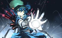Rule 34 | 1girl, arm cannon, backpack, bad id, bad pixiv id, bag, blue eyes, blue hair, cyberpunk, facial mark, glowing, glowing eyes, glowing weapon, hair bobbles, hair ornament, hat, kawashiro nitori, making-of available, matching hair/eyes, mechanical arms, outstretched arm, shirorin (ballet girl&#039;s), shirt, single mechanical arm, sketch, skirt, skirt set, solo, sparks, touhou, twintails, two side up, wallpaper, weapon
