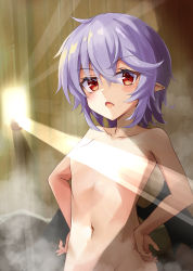 Rule 34 | akisome hatsuka, bat wings, breasts, collarbone, commentary request, completely nude, groin, hair between eyes, hands on own hips, indoors, light censor, light rays, looking at viewer, navel, nude, onsen, open mouth, pointy ears, purple hair, red eyes, remilia scarlet, sauna, short hair, small breasts, solo, standing, steam, sunbeam, sunlight, touhou, upper body, window, wings