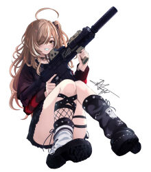 1girl ahoge assault_rifle belt_chain black_choker black_leg_warmers black_nails black_ribbon black_shirt black_sweater brown_eyes brown_hair chaciooh chain chain_necklace check_weapon choker emo_fashion fishnets friend_(nanashi_mumei) grin gun h&amp;k_hk416 hair_ribbon heart heart_choker highres holding holding_gun holding_weapon hololive hololive_english huge_ahoge jewelry leg_warmers long_hair looking_at_viewer multicolored_hair nanashi_mumei nanashi_mumei_(emo) necklace nightmare_(nanashi_mumei) one_side_up platform_footwear red_sweater ribbon rifle shirt sitting smile streaked_hair striped_clothes striped_sweater suppressor sweater sweater_under_shirt t-shirt thigh_strap two-tone_sweater very_long_hair virtual_youtuber wavy_hair weapon white_leg_warmers