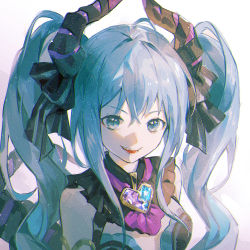 Rule 34 | 1girl, balabling, bare shoulders, black capelet, blue eyes, blue hair, bow, breasts, capelet, commentary, crystal, diamond (gemstone), dragon horns, fang, hair bow, hatsune miku, horns, jewelry, leotard, long hair, looking at viewer, medium breasts, open mouth, portrait, shaded face, sidelocks, solo, strapless, strapless leotard, teeth, twintails, vocaloid