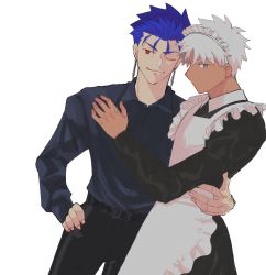 Rule 34 | 2boys, alternate costume, archer (fate), arm around waist, belt, black pants, blue eyes, blue hair, blue shirt, crossdressing, cu chulainn (fate), dark-skinned male, dark skin, dress shirt, earrings, fate/stay night, fate (series), hand on another&#039;s chest, harusima, highres, jewelry, looking at viewer, maid, maid headdress, male focus, multiple boys, one eye closed, pants, red eyes, shirt, short hair, smile, white background, white hair, yaoi