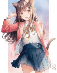 Rule 34 | 1girl, :d, animal ear fluff, animal ears, blue skirt, blush, brown hair, cat ears, cat tail, coat, collared shirt, cowboy shot, dress shirt, hair ornament, hair ribbon, hairclip, highres, long hair, long sleeves, looking at viewer, miniskirt, neck ribbon, open clothes, open coat, open mouth, original, pink coat, pleated skirt, ribbon, shirt, shirt tucked in, simple background, skirt, smile, solo, standing, tadano yukiko, tail, teeth, white background, white shirt, yellow eyes, yellow ribbon