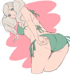 Rule 34 | 1girl, adjusting clothes, artist request, ass, bikini, blue eyes, bodysuit, breasts, butt crack, cleavage, earrings, grey hair, highres, jewelry, long hair, looking at viewer, medium breasts, persona, persona 5, sexually suggestive, simple background, smile, solo, swimsuit, takamaki anne, twintails