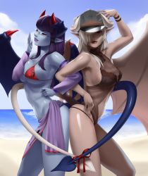 Rule 34 | 2girls, ass-to-ass, backlighting, bare shoulders, beach, bikini, black sclera, blue skin, breasts, cleavage, colored sclera, colored skin, commentary, commission, day, demon (monster girl encyclopedia), demon girl, demon horns, demon tail, demon wings, detached sleeves, english commentary, glasses, hair over one eye, hat, heart tail duo, highres, hime cut, horns, jiffic, large breasts, lilim (monster girl encyclopedia), lips, locked arms, long hair, monster girl encyclopedia, multiple girls, ocean, ojou-sama pose, original, parted lips, peaked cap, platinum hair, pointy ears, purple hair, red bikini, red eyes, red ribbon, ribbon, rimless eyewear, sarong, segmented horns, shiny skin, swimsuit, tail, tail ornament, tail ribbon, toned, victoria (lilim), wings