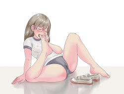 Rule 34 | 1girl, artist request, blush, covered erect nipples, closed eyes, feet, flexible, glasses, highres, licking, licking foot, licking own foot, long hair, original, shoes, unworn shoes, solo, sweat, toenails, toes, white background