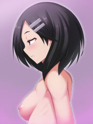 Rule 34 | 10s, 1girl, black eyes, black hair, blush, breasts, from side, hair ornament, hairclip, half-closed eyes, highres, kantai collection, kuroshio (kancolle), looking away, nipples, nude, parted lips, personification, profile, purple background, short hair, skylader, solo, upper body