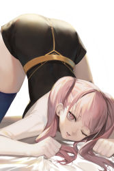 Rule 34 | 1girl, absurdres, arm support, ass, bed sheet, black dress, blue thighhighs, blush, dress, female focus, fire emblem, fire emblem: three houses, garreg mach monastery uniform, highres, hilda valentine goneril, jam (nandade), long hair, looking at viewer, matching hair/eyes, nintendo, one eye closed, parted lips, pink eyes, pink hair, school uniform, sheet grab, short sleeves, simple background, solo, spread legs, thighhighs, thighs, top-down bottom-up, twintails, white background, wink, zettai ryouiki
