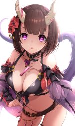Rule 34 | + +, 1girl, :o, black collar, bob cut, breasts, broken horn, claw ring, cleavage, collar, collarbone, eriko (princess connect!), eriko (summer) (princess connect!), flower, gauntlets, hair flower, hair ornament, highres, horns, iwao (pixiv258710), looking at viewer, medium breasts, multi-strapped bikini bottom, multi-strapped bikini top, navel, princess connect!, purple eyes, short hair, simple background, solo, sweat, swimsuit, tail, thighs, white background