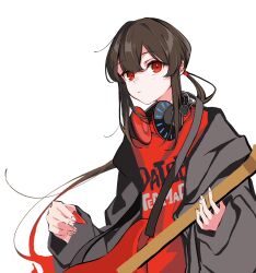 Rule 34 | 1boy, baggy clothes, black hair, black jacket, fate/grand order, fate (series), gradient hair, guitar, headphones, headphones around neck, highres, holding, holding guitar, holding instrument, holding plectrum, instrument, jacket, long hair, looking at viewer, low ponytail, multicolored hair, oda nobukatsu (fate), oversized clothes, plectrum, red eyes, red hair, red shirt, shirt, sidelocks, simple background, solo, white background, yui (tamagohan)