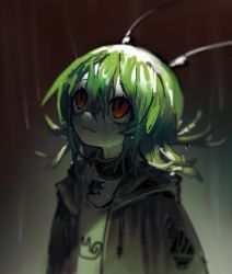 Rule 34 | 1girl, antennae, black jacket, blurry, blurry background, breasts, choker, green hair, hair between eyes, highres, jacket, looking up, original, rain, red eyes, short hair, small breasts, smile, solo, tank top, upper body, v1v404