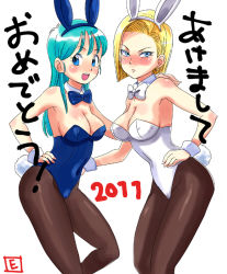 Rule 34 | !, 2011, 2girls, :d, alternate costume, android 18, angry, animal ears, aqua hair, bare arms, bare shoulders, blonde hair, blue bow, blue eyes, blue leotard, blue neckwear, blue ribbon, blush, bow, bowtie, breasts, brown legwear, bulma, cleavage, closed mouth, detached collar, dragon ball, dragonball z, earrings, embarrassed, engawa suguru, fake animal ears, female focus, frown, hand on own hip, happy, jewelry, large breasts, leotard, long hair, looking at viewer, medium breasts, multiple girls, navel, neck, open mouth, pantyhose, playboy bunny, rabbit ears, rabbit tail, ribbon, round teeth, short hair, shy, smile, standing, strapless, strapless leotard, tail, teeth, translation request, white background, white bow, white leotard, white neckwear, white ribbon, wrist cuffs