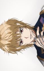 Rule 34 | 1other, absurdres, androgynous, blonde hair, chain, crystal earrings, earrings, highres, hunter x hunter, jewelry, kurapika, looking at viewer, male focus, red eyes, ring, short hair, simple background, solo, spi 11011, tabard, thumb ring, upper body, white background
