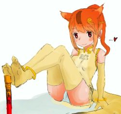 Rule 34 | 10s, 1girl, :3, animal ears, artist request, bracelet, china dress, chinese clothes, dress, elbow gloves, gloves, golden snub-nosed monkey (kemono friends), heart, jewelry, kemono friends, looking down, orange hair, panties, pantyshot, red eyes, shadow, simple background, sitting, smile, solo, thighhighs, underwear, white background, white panties, yellow gloves, yellow thighhighs